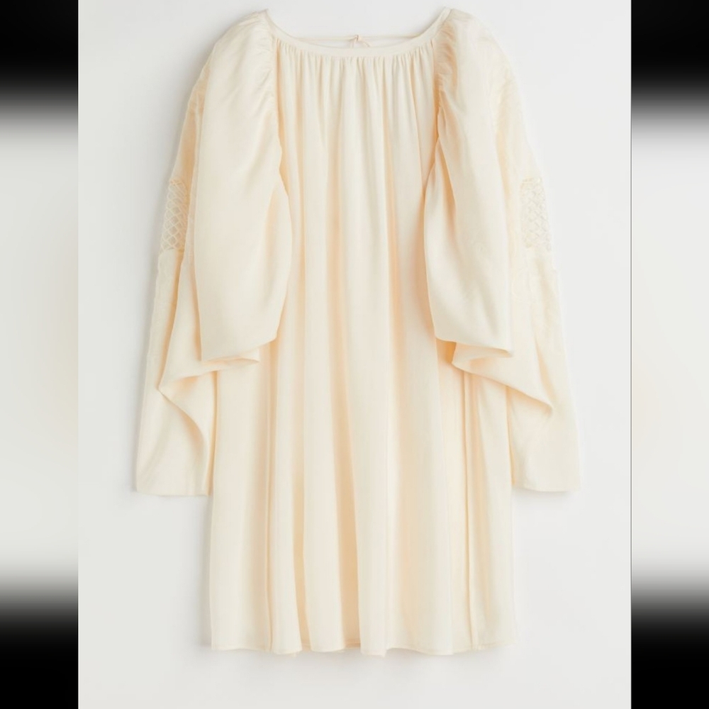 H&M Low Back Voluminous Embroidery Dress Balloon Sleeves Blogger Fave Cream L - Picture 3 of 16
